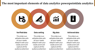 Illustration of essential data analytics elements in a visually connected with caption areas circular layout.