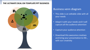 Business Venn diagram slide with colorful overlapping circles representing various business elements with icons.