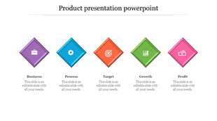 Five diamond shaped icons in purple, blue, orange, green, and pink, representing business concepts in a row layout.