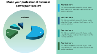 Business themed 3D pie chart with four color-coded segments and a list of customizable text placeholders on the right.