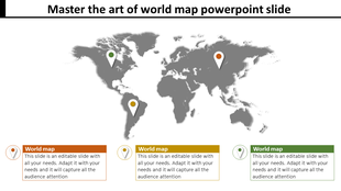 PowerPoint slide featuring a world map with three location markers, each with text boxes.
