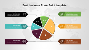 Business infographic showing a pie chart with six sections linked to placeholders featuring icons and text.