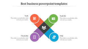 PowerPoint slide for business presentations featuring icons for tasks, checklists, and FAQs.