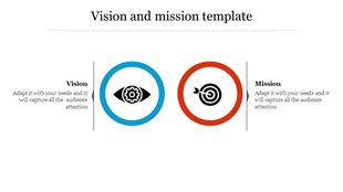 Vision and Mission PowerPoint template with icons in blue and red circles with placeholder text.