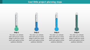 Project planning slide with four thermometer icons representing different steps with placeholder text.