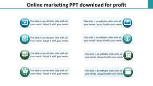 Two column layout of marketing concepts with eight icons and text in shades of green and blue.