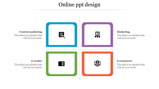 Online PPT design slide featuring four quadrants from content marketing, marketing, e commerce, and e reader with icons.