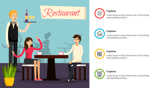 Restaurant scene with a waiter serving drinks to a seated man and woman, alongside four captions with colorful icons.