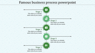 Business process flow timeline slide with five stages each represented by green icons and labels with placeholder text.
