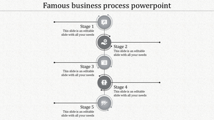Five grey circles connected in a timeline with stage labels and captions areas placed in white background.