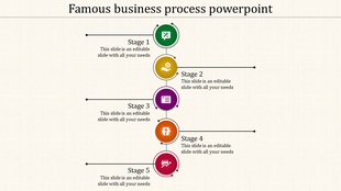 Five stage business process PowerPoint template with icons in a variety of colors for each stage.