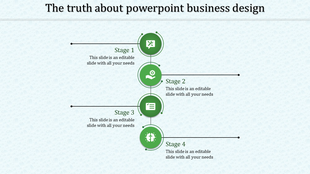 Vertical business process with four green stages, icons and caption areas placed in white background.