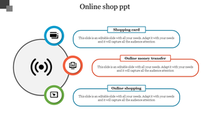 Online shopping template with connected icons for money transfer, shopping cart, and shopping card.
