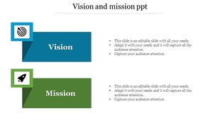 A blue vision label featuring a target symbol and a green mission label showing a rocket icon,  with caption areas.