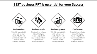Four diamond-shaped icons representing business loss, profit, growth, and conference, aligned with caption areas.