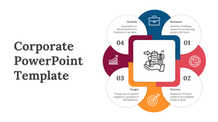 Corporate template with blue, red, and orange sections highlighting key themes and icons around a central image.