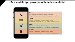 A mobile device showing four app icons on pastel backgrounds, with corresponding text boxes aligned on the right.