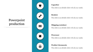 Production slide with icons representing different components from Capacitor to Product Documents with icons.