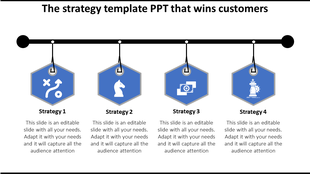 Slide featuring a strategy timeline with four blue hexagonal icons: strategy path, chess knight, gear, and chess king.
