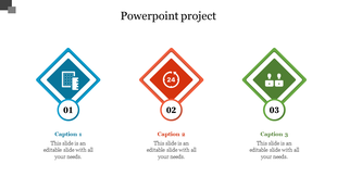 Three diamond shaped elements in blue, red, and green, each with icon and caption, illustrating project presentation.