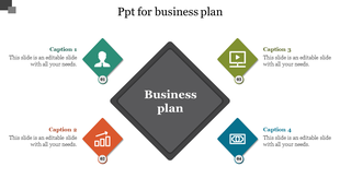 PPT slide for business plan, featuring colorful icons for user profile, growth chart, computer, and cash flow with text.