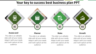 Business plan four green diamond-shaped icons with symbols for access card, planner, rules, and growth, linked sequentially.