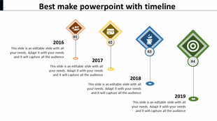 Timeline infographic with four diamond shaped markers in orange, yellow, blue, and green, showing years 2016 to 2019.