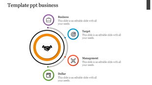 Business-themed diagram featuring a handshake icon in the middle, with four icons arranged around it.
