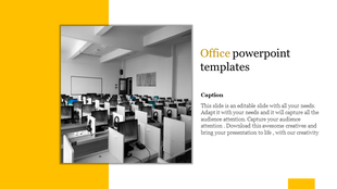 A PowerPoint slide featuring an office setup with computer desks and headsets with a caption.