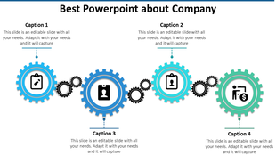 Company slide with four interconnected blue and green gears, each with icons and captions for business topics.