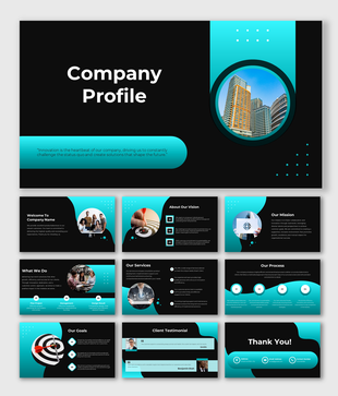 Slide deck with sections for company profile, vision, mission, services, and client testimonials, all in teal curved shapes.