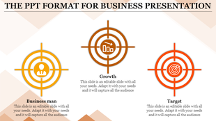 Slide featuring three bullseye icons in yellow, orange and red with business related captions below each.