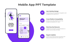 Two smartphone screens with purple themed app designs on the left, paired with four numbered text points on the right.