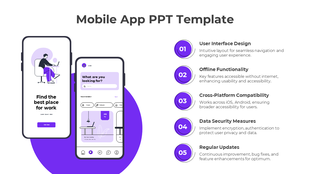 Mobile app PowerPoint template showcasing a modern app interface with features from user interface design to regular updates.