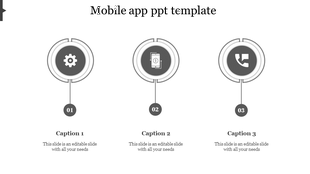Slide featuring three gray circular icons for mobile app functionalities with labeled captions below.