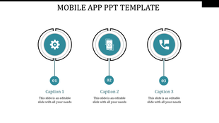 Mobile app template with three circular icons in blue, labeled with captions 01, 02, and 03, connected by lines.