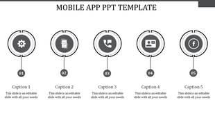 Mobile app PowerPoint template with five icons representing app functions in a circular design with captions.