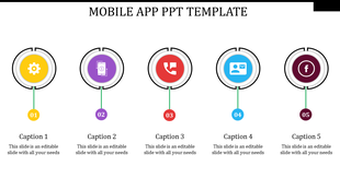 Colorful mobile app PowerPoint template with icons for settings, mobile payment, calls, profile, and social media.