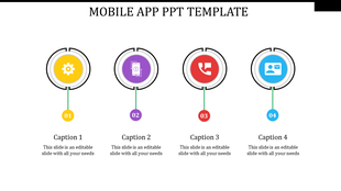 Mobile app PowerPoint template with four colorful circular icons gear, phone, call, and contact card with captions.