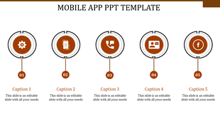 Linear infographic with five orange circular icons, each labeled with captions below, connected by vertical lines.
