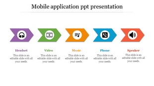 Slide with five icons symbolizing mobile apps on colored arrows, each with caption areas on a white background.