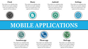 Mobile applications slide showing key icons for clock, music, Android, settings, location, phone, and mail apps.