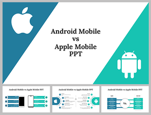 Android mobile vs. Apple mobile slides featuring logos of both platforms in different layout designs and icons with text.