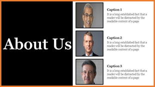 About us slide with a black background and three team member photos with captions on the right, framed in an orange border.