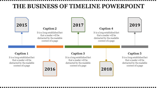A timeline PowerPoint template displaying years from 2015 to 2019, with captions for each year.