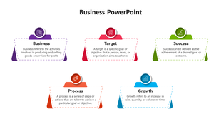 A business PowerPoint slide with colorful icons and descriptions for business, target, success, process, and growth.
