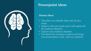 Silhouette of a human head with a brain illustration on the left, and text content on the right, set on blue teal layout.