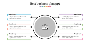 Circular layout with a briefcase icon in the center and six captions branching out in colorful frames for business planning.