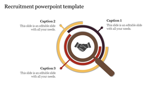 Business recruitment slide with a magnifying glass and handshake graphic, surrounded by rings and three caption areas.