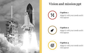Black and white image of the Space Shuttle Discovery launch, representing vision and mission in a corporate presentation.